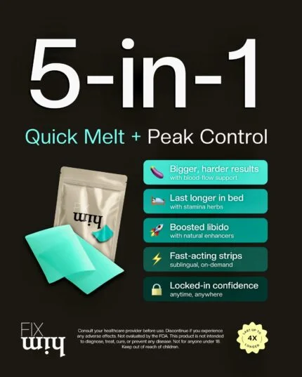 Fix Him 5-in-1 sublingual strips infographic showing the product pouch, two strips and five listed benefits