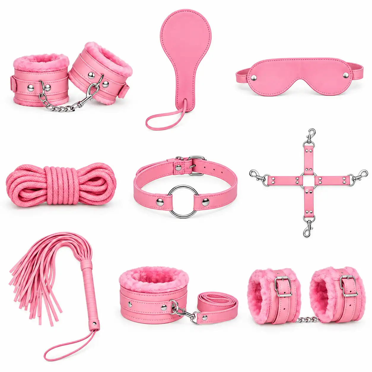 Fix Your Spark Products2 Ten-piece pink faux leather bondage kit with cuffs, collar, flogger and blindfold