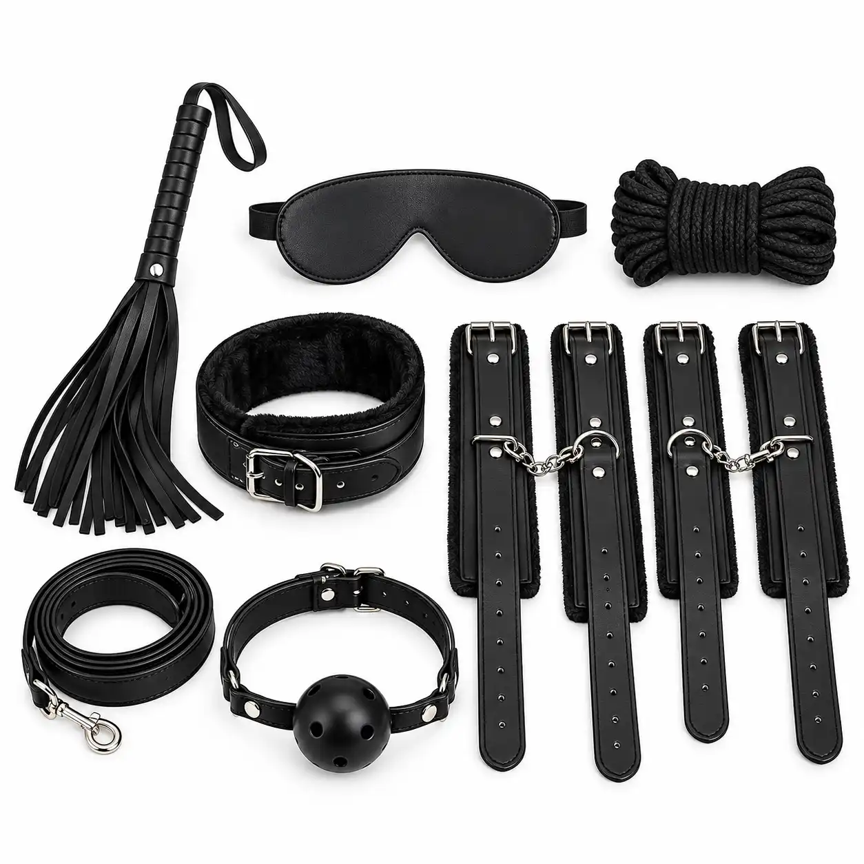 Ten-piece black faux leather bondage kit with cuffs, collar, flogger and ball gag
